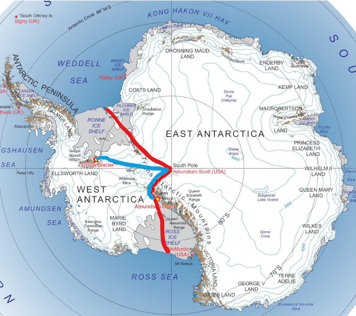 map of Anatarctica, showing crossing routes
