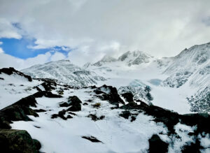 Looking up the snowy John Garner Pass.