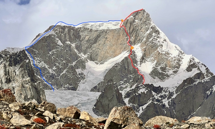 The first ascent's route on Chunik Kangri (in red), and the descent's line (in blue).