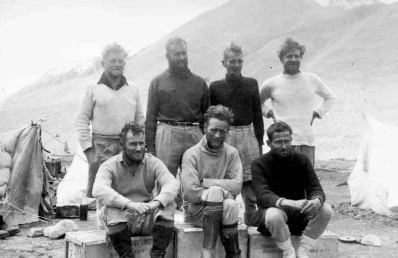 The 1935 Mount Everest expedition's members. Back row (left to right): Bryant. Wigram, Warren, Spender. Front row: Tilman, Shipton, Kempson.