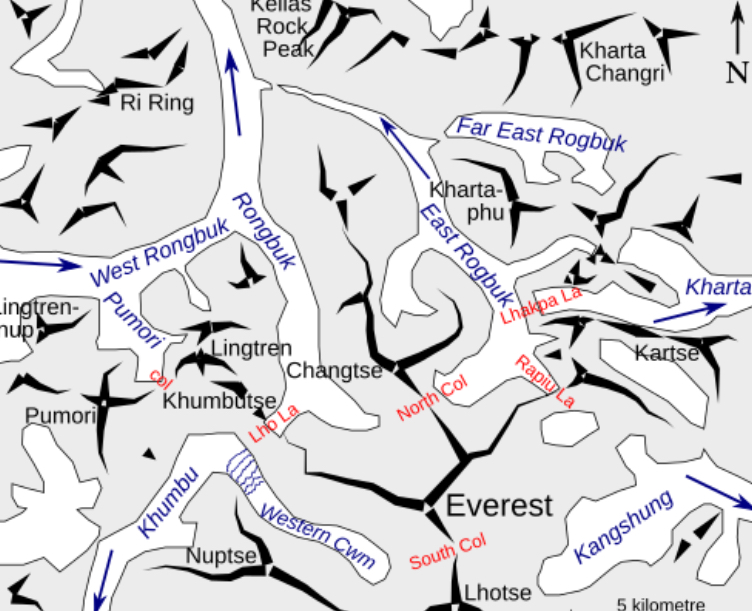 A modern diagram of northern approaches to Everest. 