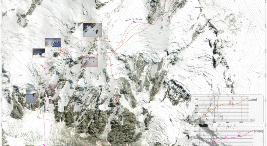 Compilation of routes and photos on a 3D map of Nanga Parbat.