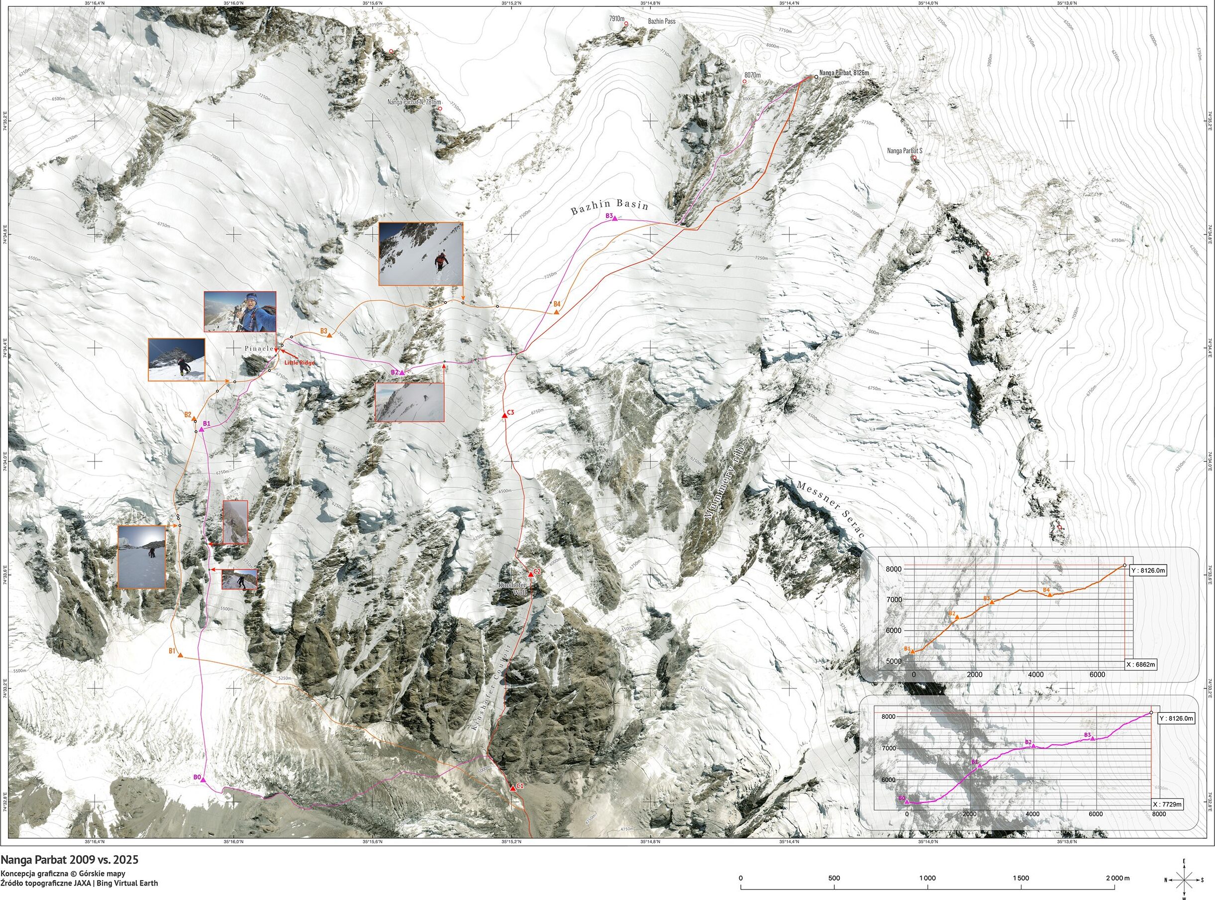 Compilation of routes and photos on a 3D map of Nanga Parbat.