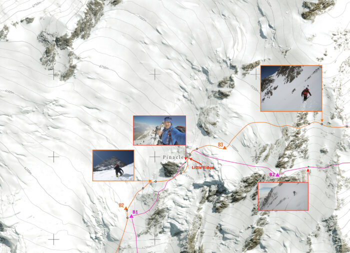 Routes marked on a somital picture of Nanga Parbat.