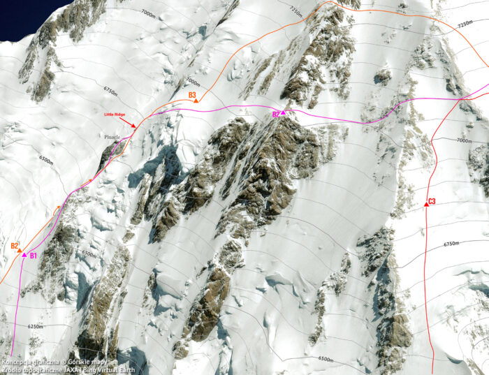 Routes marked on a somital picture of Nanga Parbat.