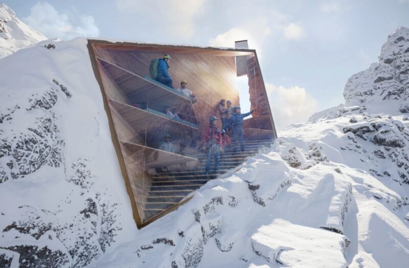 weird mirrored alpine shelter