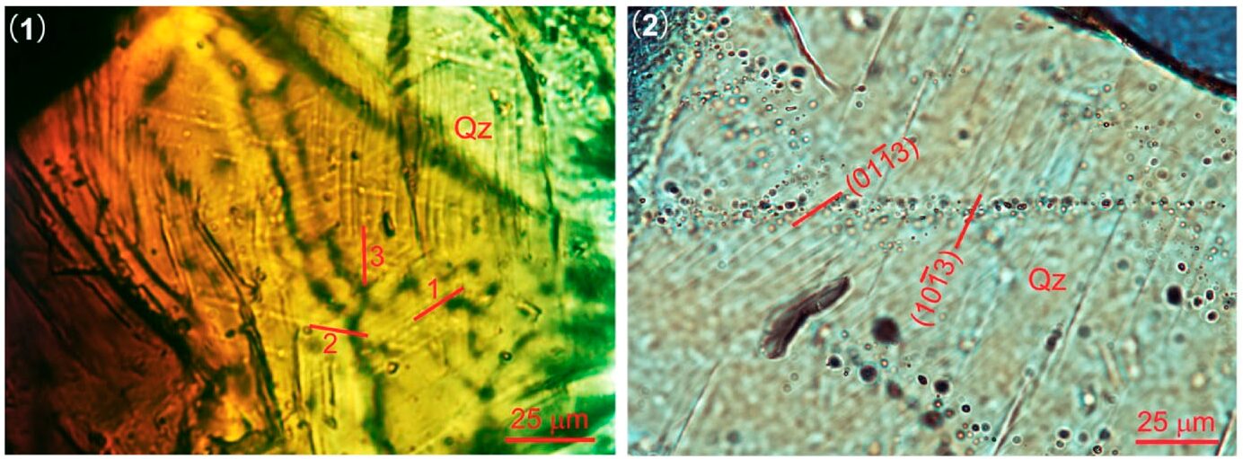 Images of quartz zoomed in and marked in red where deformations can be seen.