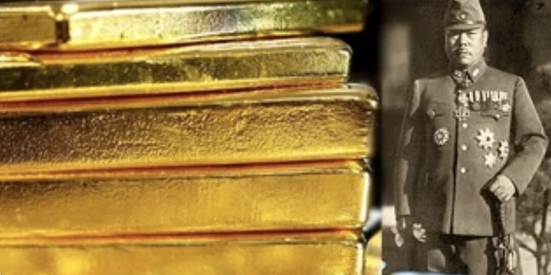 pile of gold bars juxtaposed beside b/w portrait of WWII Japanese officer