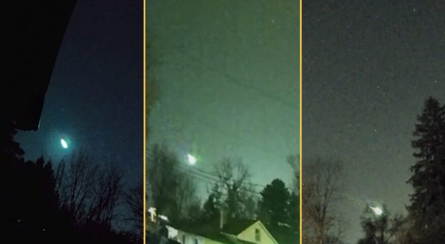 Three images from eyewitnesses showing the bright green meteor fragment in the sky