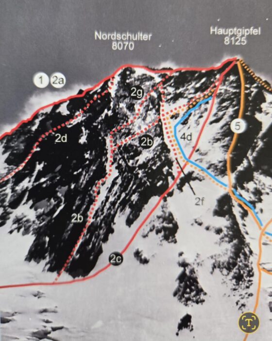 Topo of several routes on Nanga Parbat. 