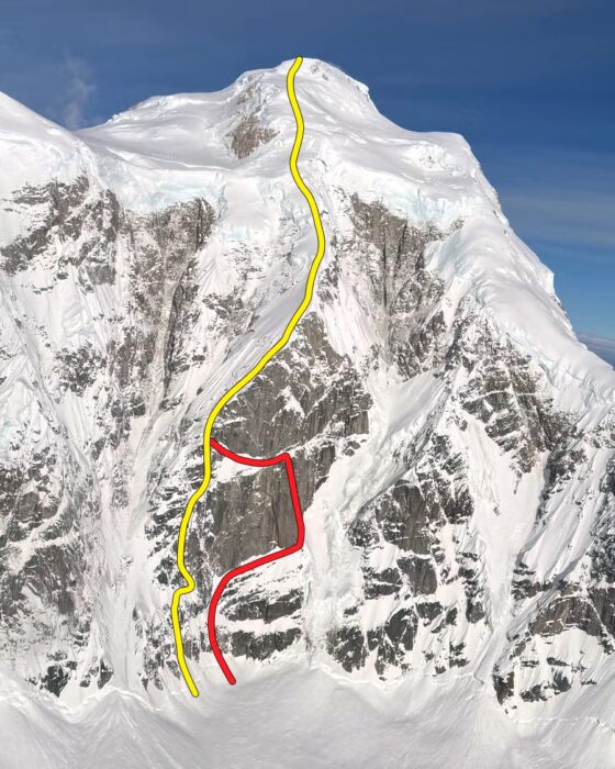 A route and a variation marked in different colors on a photo of Alaska's Mount Hunter. 
