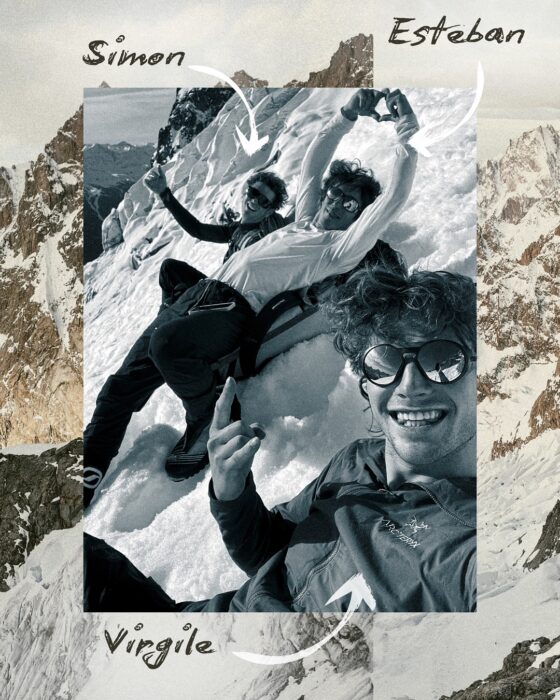 A black and white photo of three young climbers smiling compiled on a photo of a mixed face.