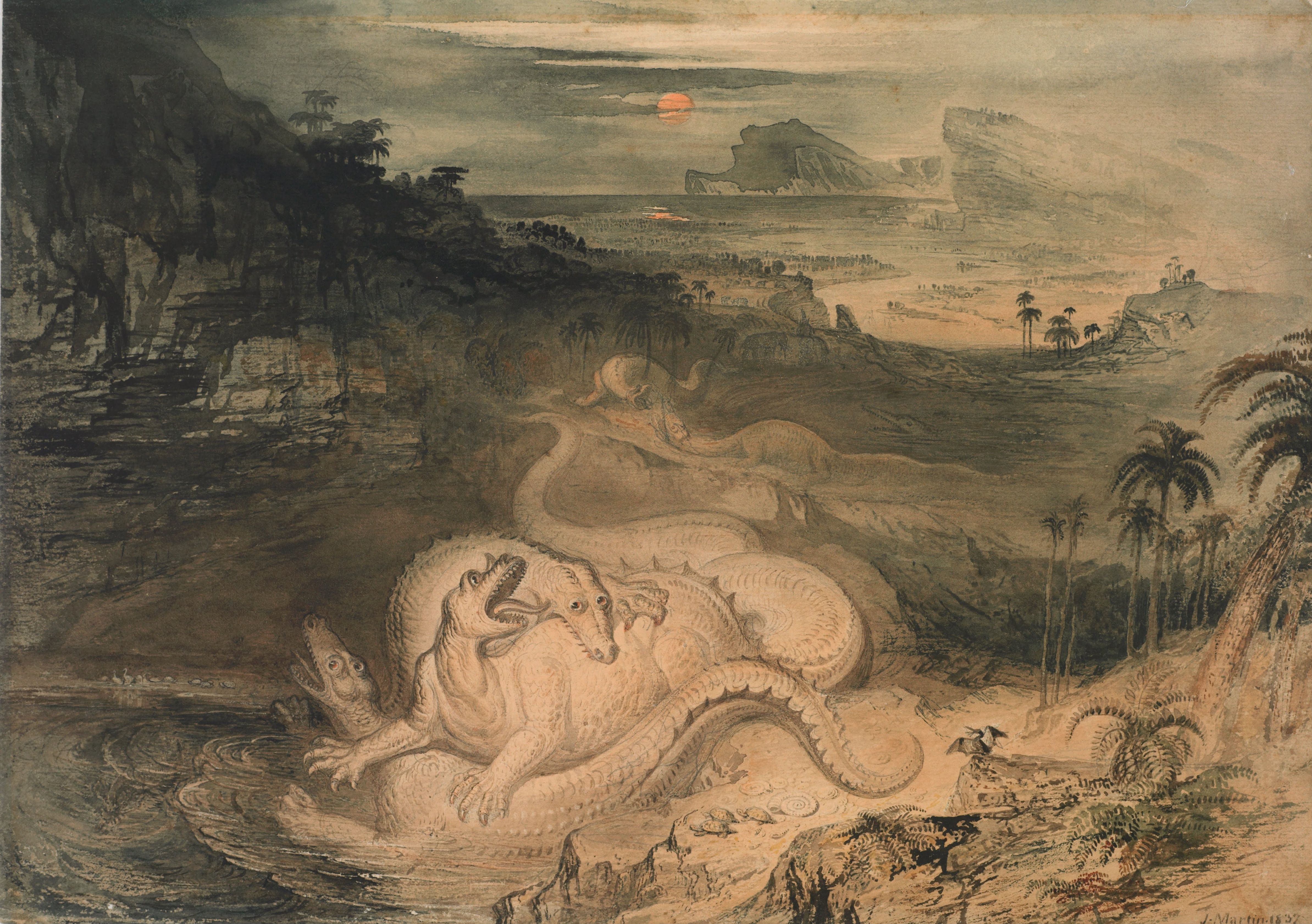 A painting of strange creatures attacking each other in a dark landscape