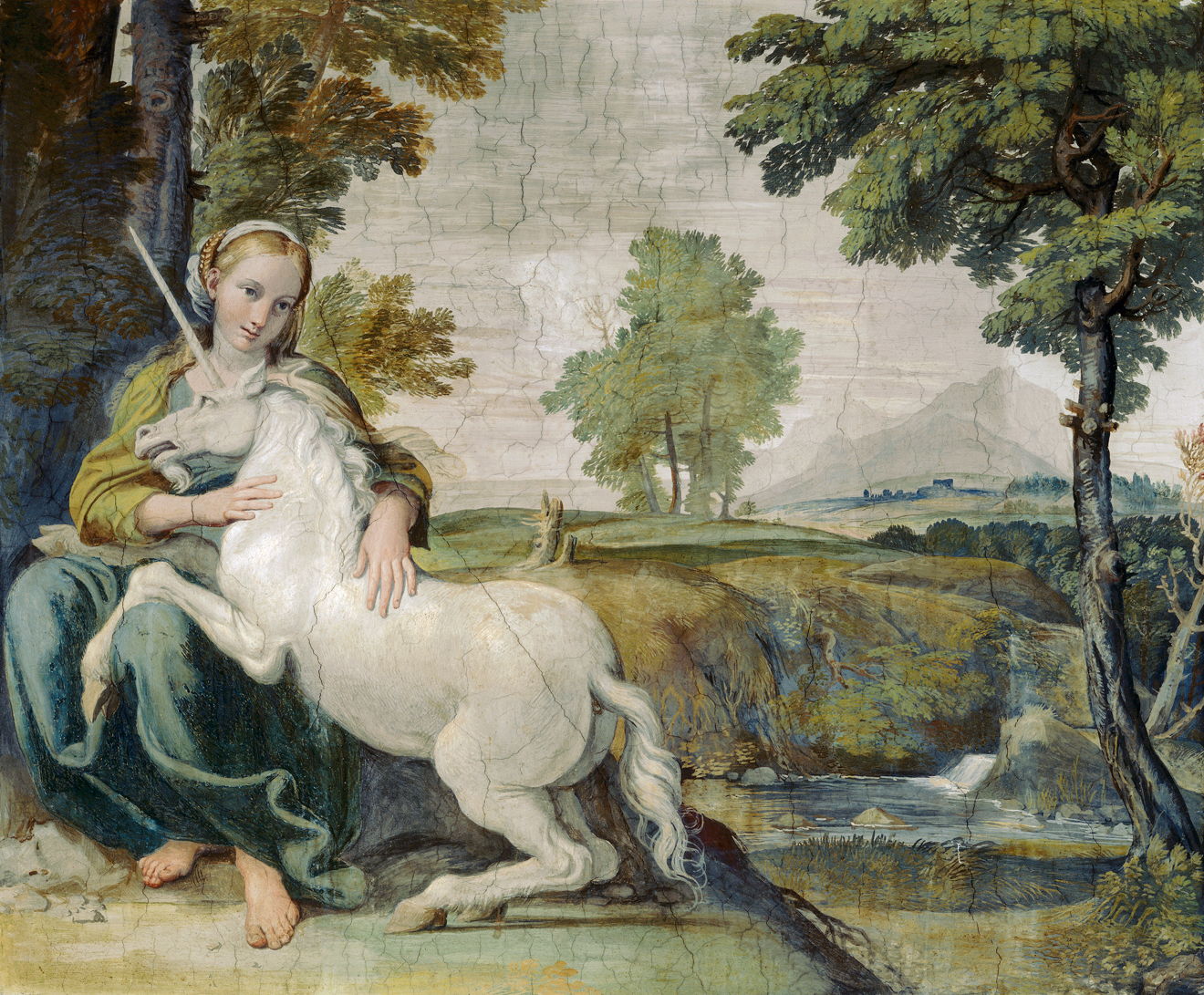 fresco of a woman and a unicorn