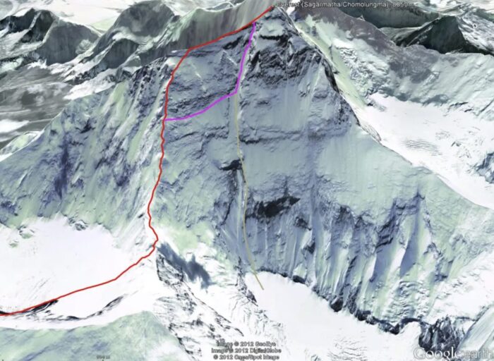 Routes marked in difrent colors on a 3D image of Everest. 