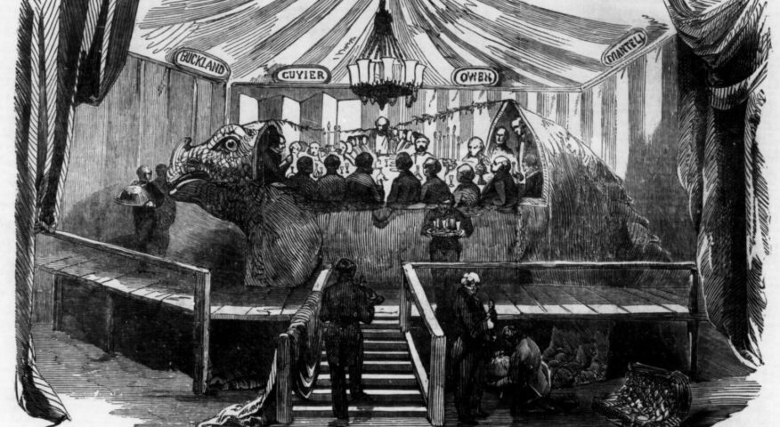 sketch of people dining inside a massive statue