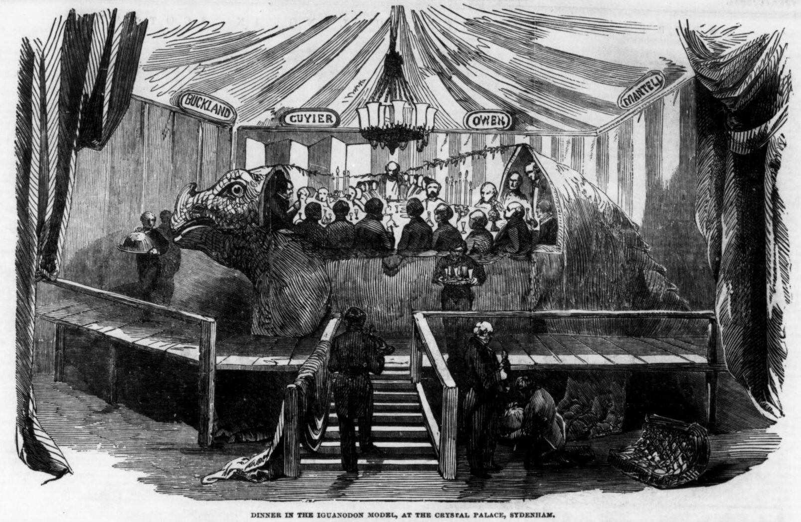 sketch of people dining inside a massive statue