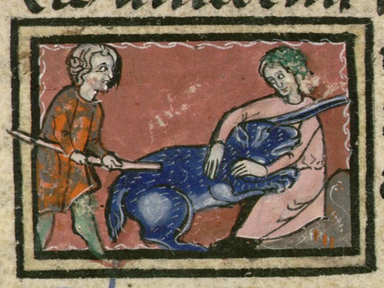 medieval manuscript art of a unicorn hunt