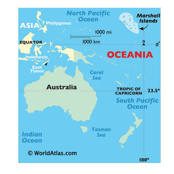 A map showing the placement of the Marshall Islands