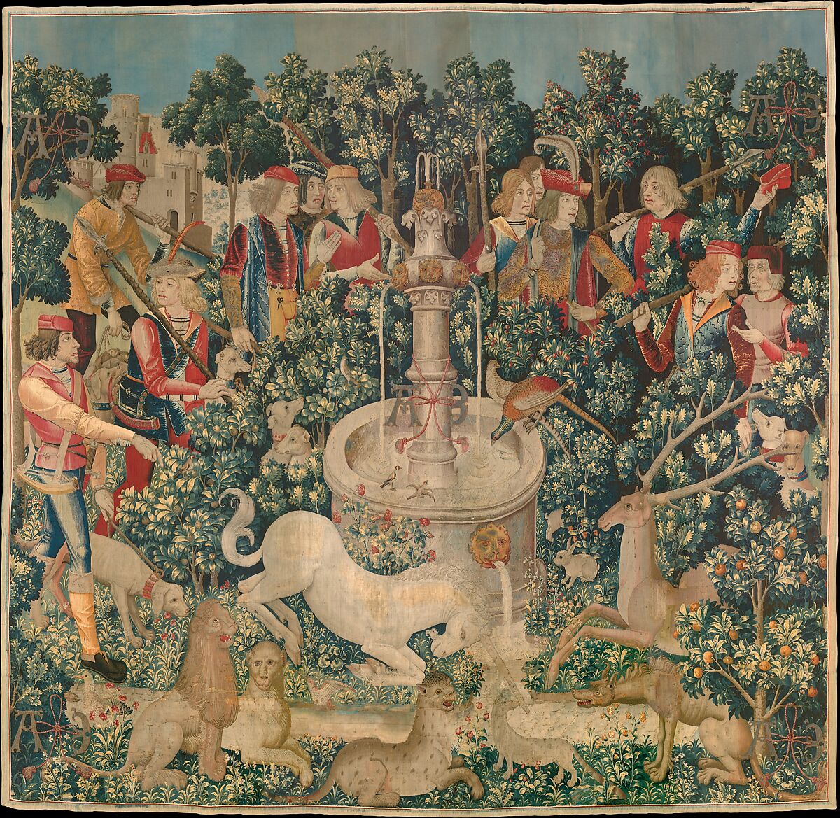 A tapestry showing a unicorn touching a fountain with its horn