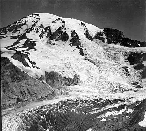 Black and white photo of Mt. Rainier