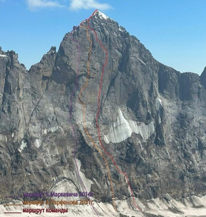 A vertical rock face with three routes marked in different colors. 