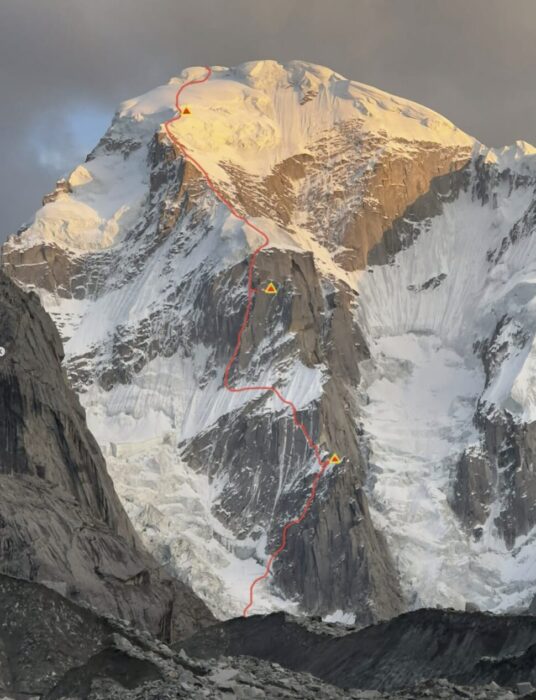 A route topo marked on the photo of a rock and ice peak.