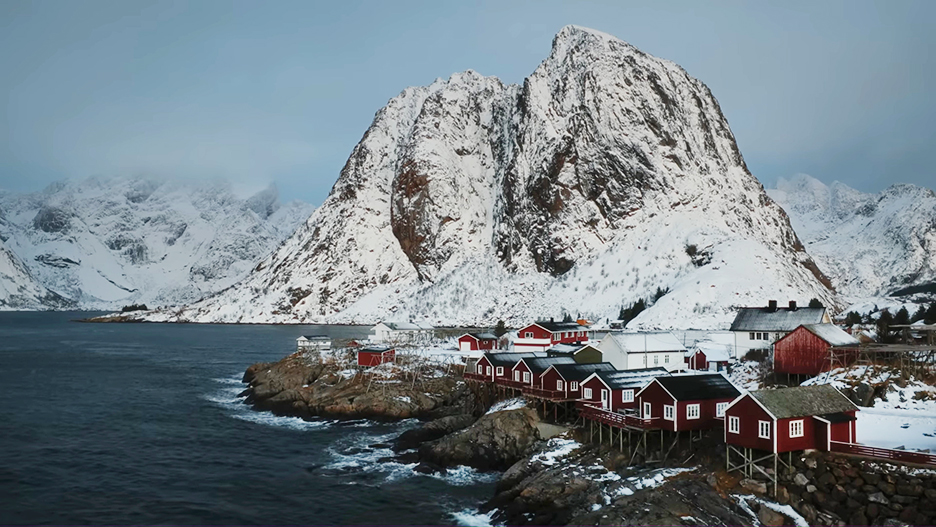 northern Norway village with mountain behind