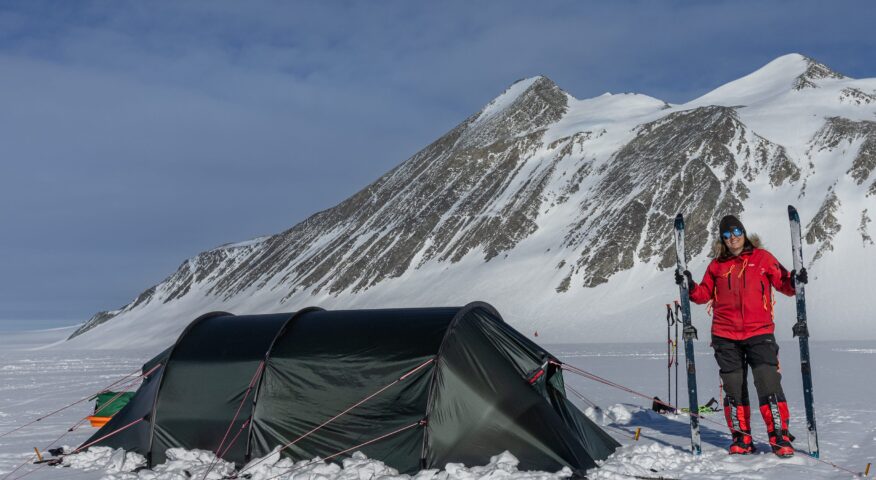 A woman and a tent in Antarctica