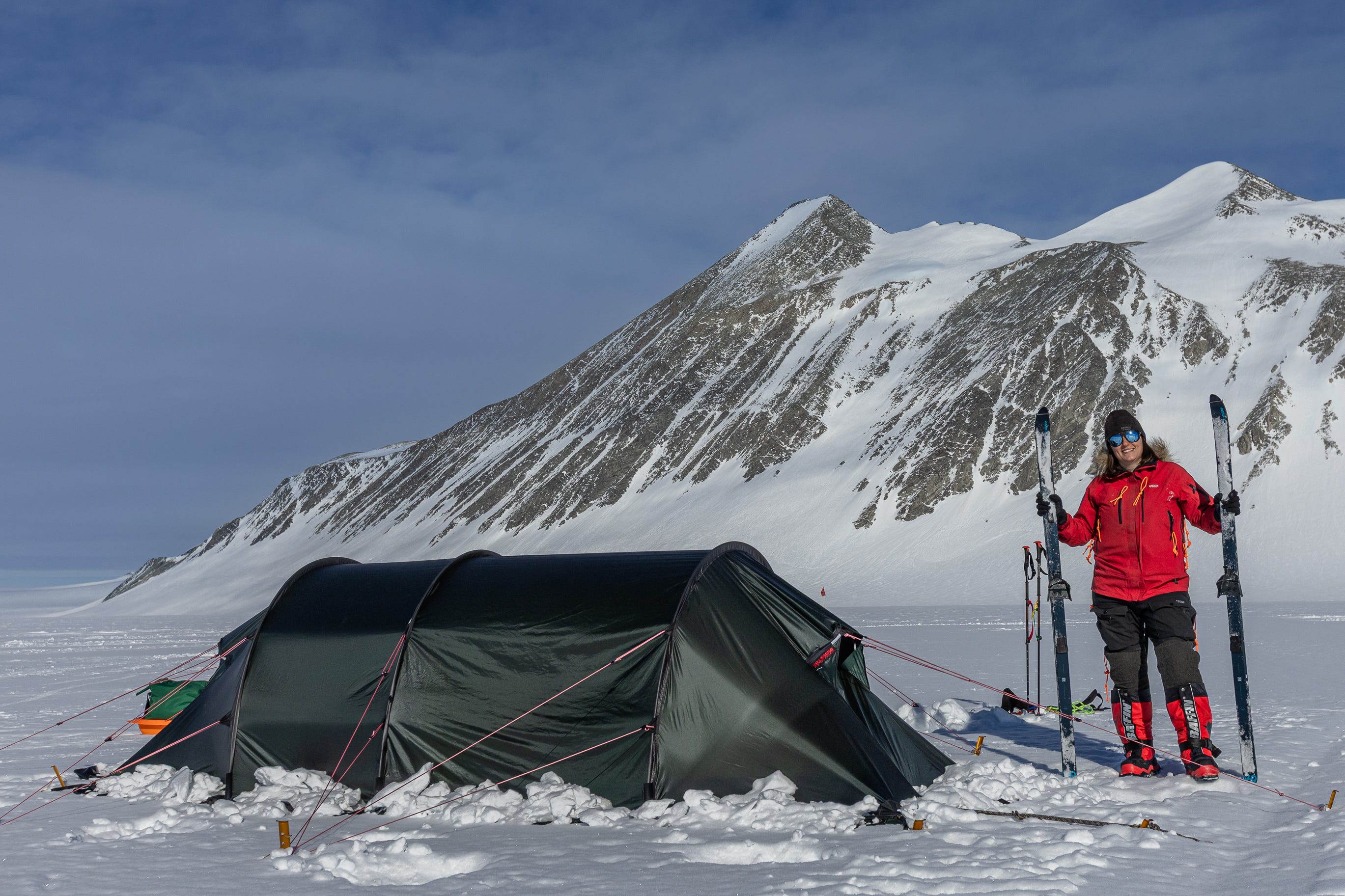 A woman and a tent in Antarctica