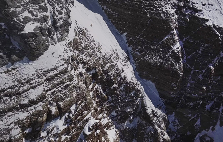 A dot on the Hornbein Couloir of Everest is actually Jim Morrison skiing down it.
