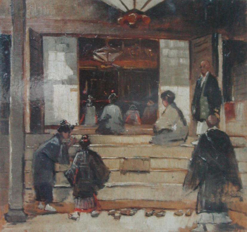 A painting of people in traditional Japanese clothing