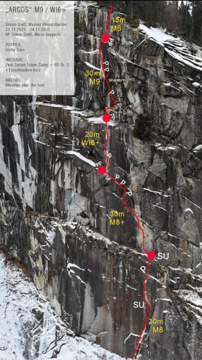 A mixed climbing route marked in red of a photo of a granite wall. 