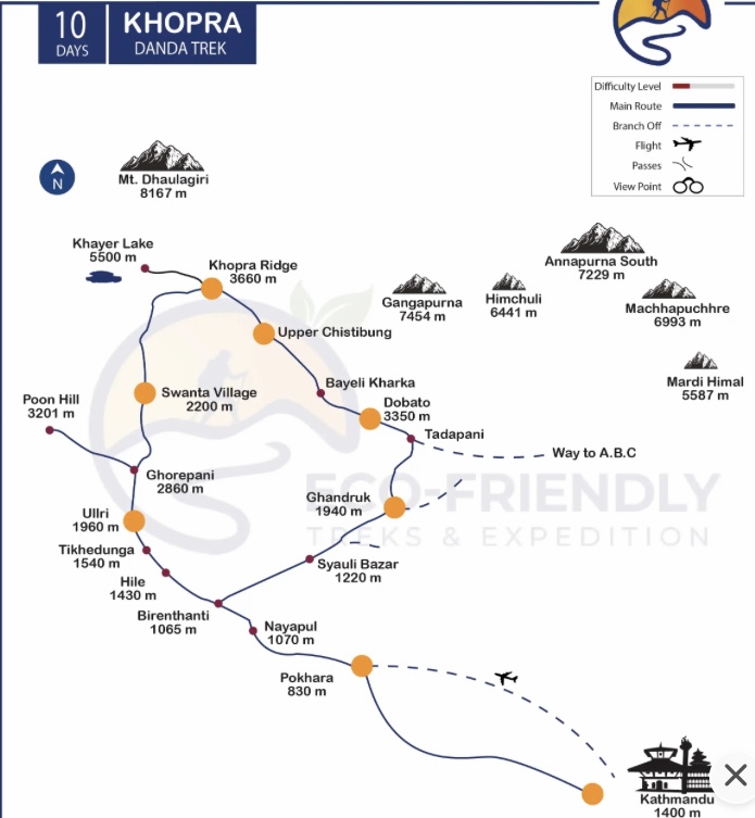 Route map showing the Khopra Danda Trek.