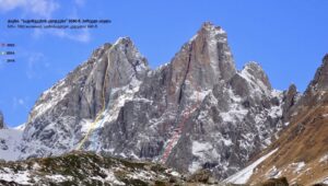 The first ascent's route of Archil Peak marked in red.