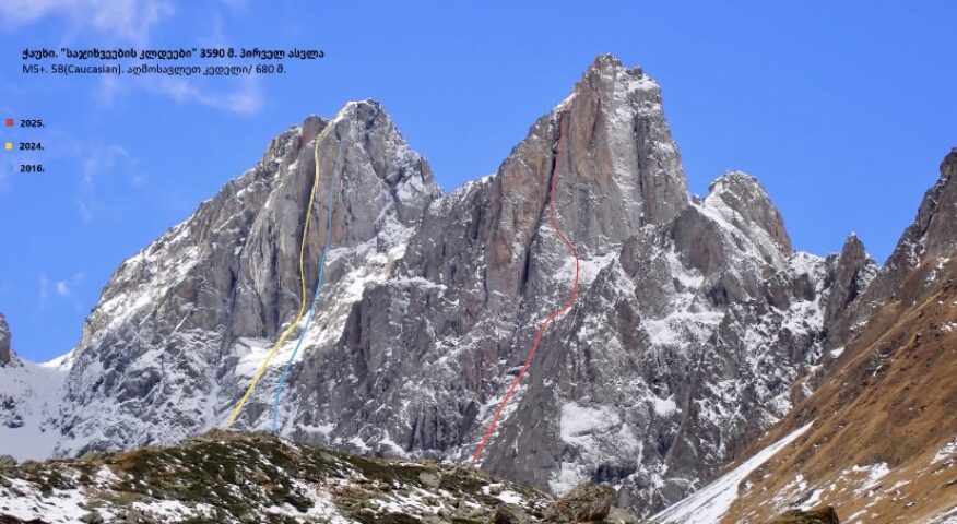 The first ascent's route of Archil Peak marked in red.