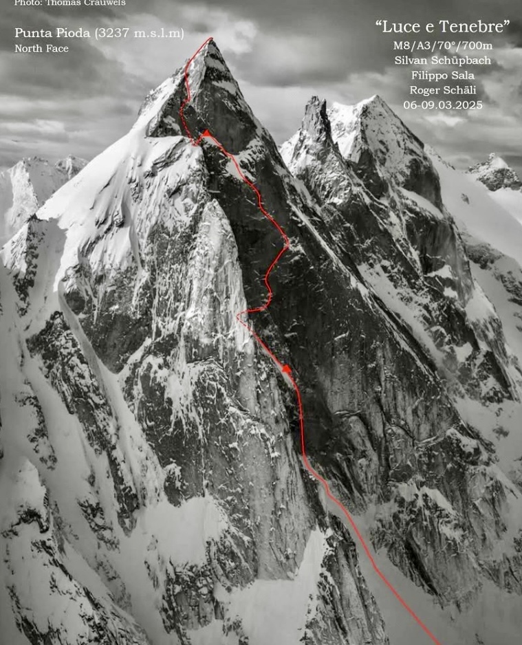 The first ascent of the north face of Punta Pioda. The climbers called their line ‘Luce e Tenebre.’