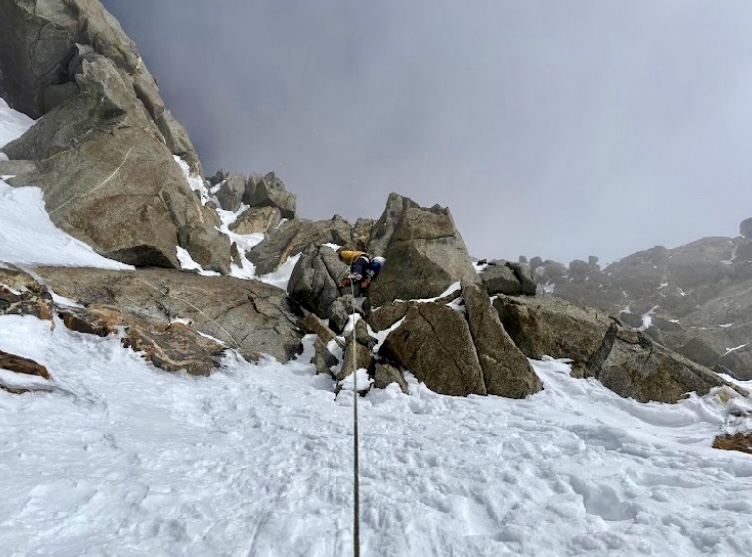 Maarten van Haeren leads the start of the rock pillar at 6,800m. (First M5 crux).