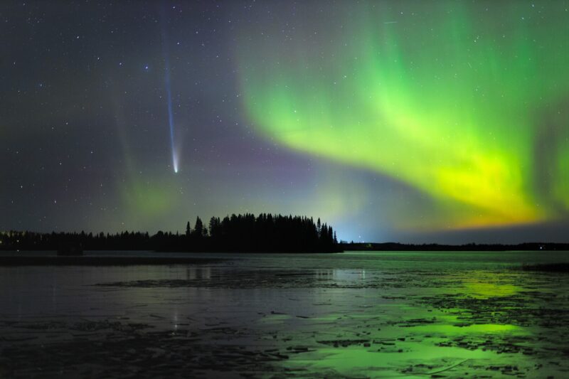 The Lemmon comet and an aurora over Suotojärvi Lake
