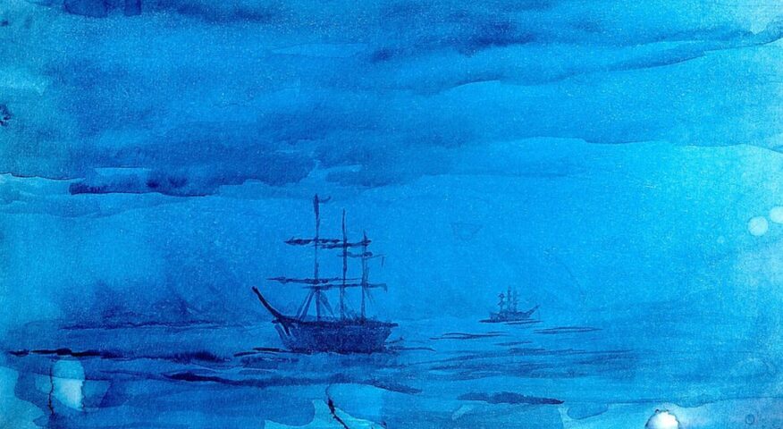 Watercolor painting of ships stuck in ice