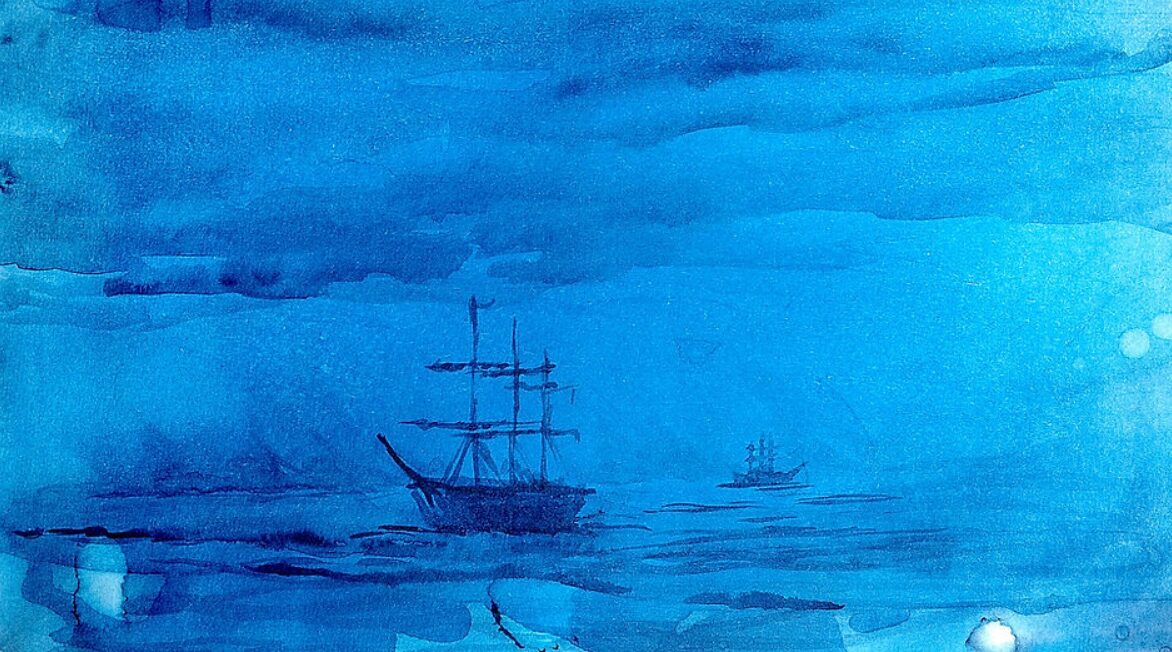 Watercolor painting of ships stuck in ice