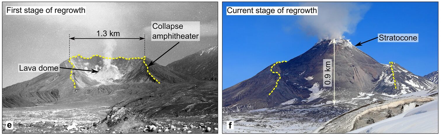 Labelled images of a volcano, crater left and regrown right