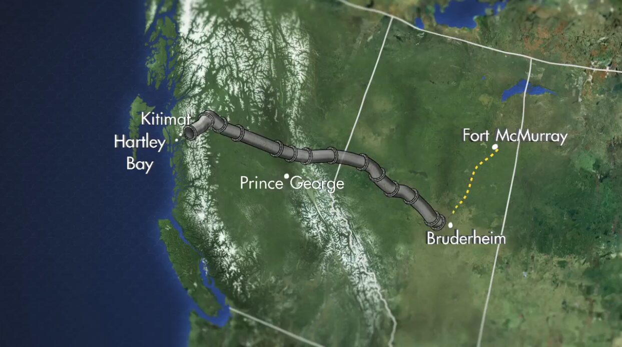 A map of Canada with a proposed oil pipeline drawn in