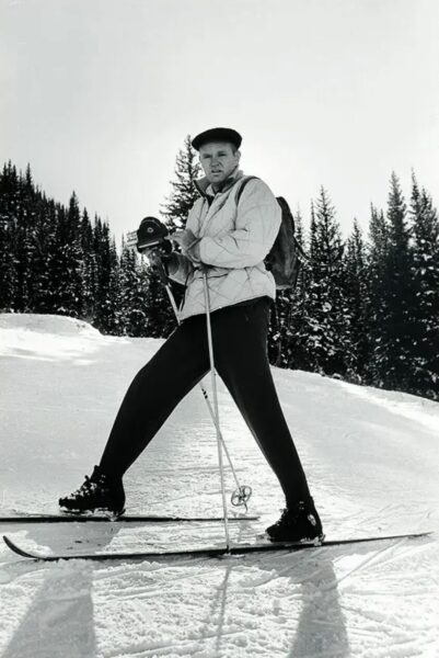 b/w portrait of skier in beret