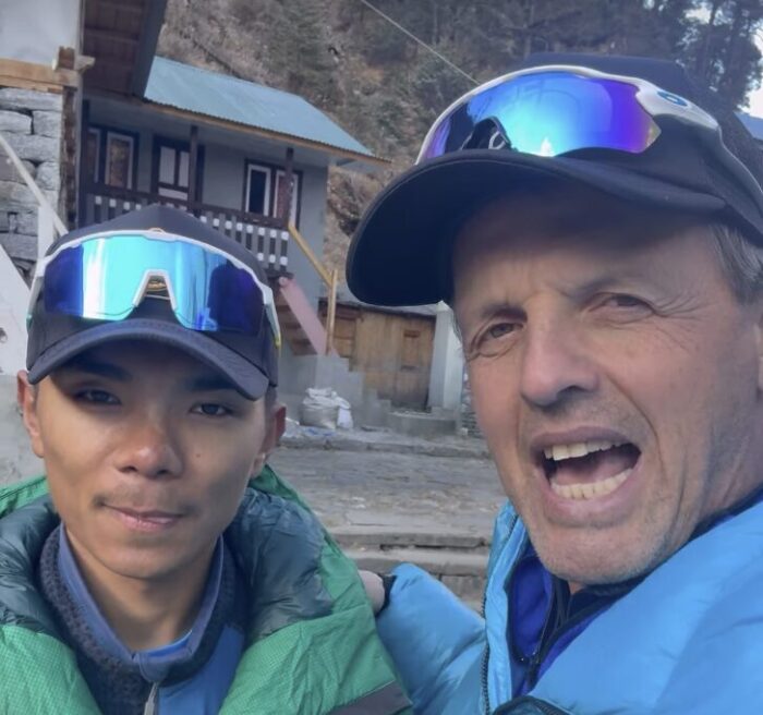 The climbers speaking to the camera in a Nepalese mountain village.