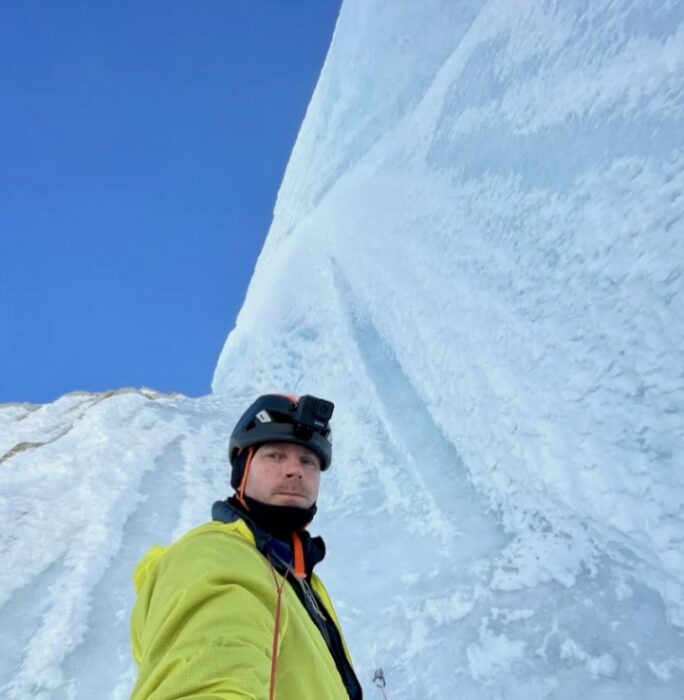 Colin Haley with part of Cerro Torre's snow mushroom behind.