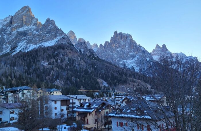 View of San martino with the Palle of San martino dolomitic towers above the village.