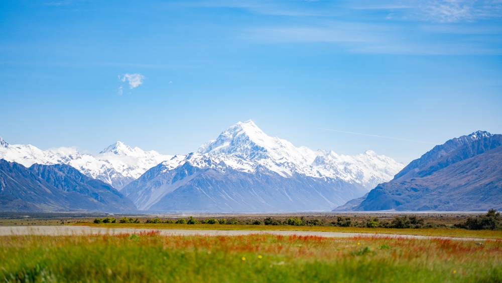 A snowcapped mountain in the distance, woods and plains in foreground