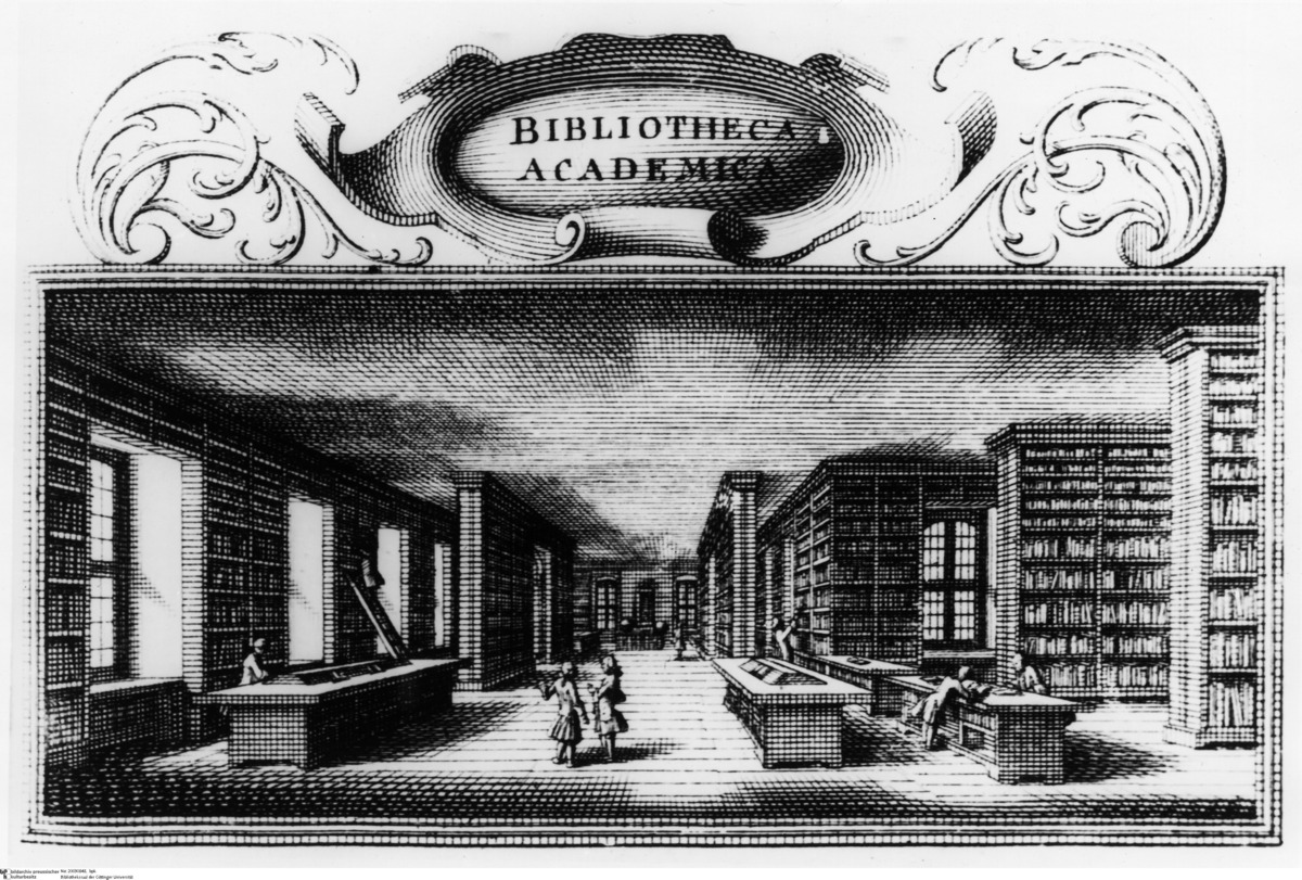 Engraving of a large library