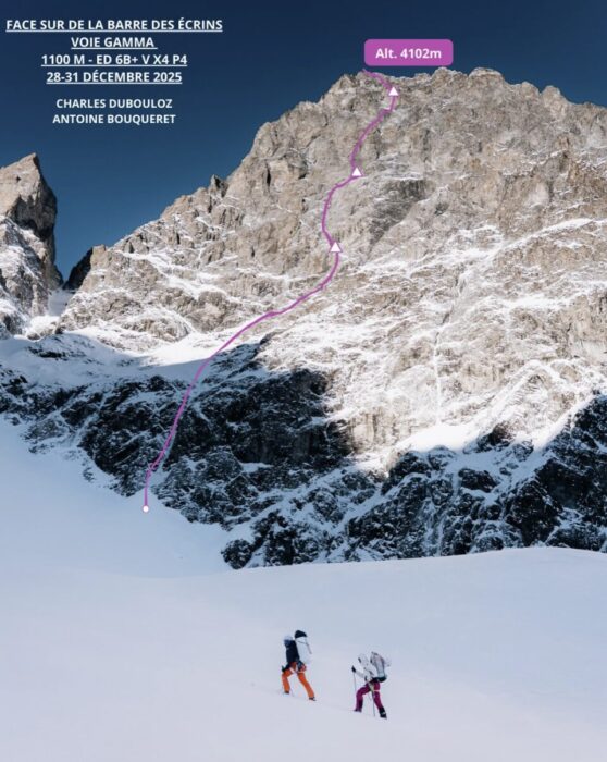 Two climbers at the base of a big wall in mixed conditions and a route marked up the face in red.